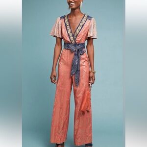 Anthropologie Orange and Navy Jumpsuit